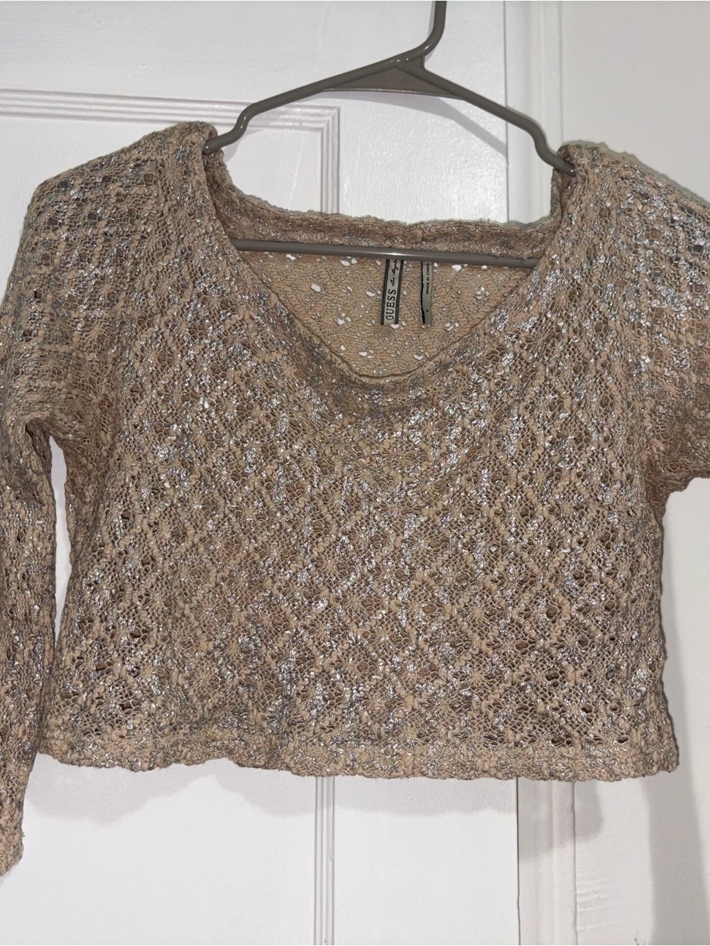 Guess Tan Metallic Crochet Open-Weave Sweater